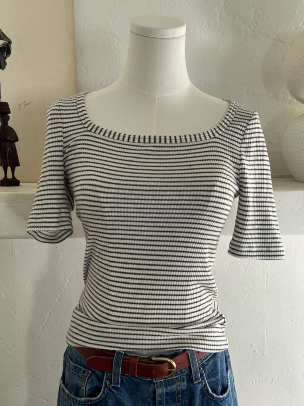 Faherty Ribbed Square Neck Tee Striped Gray Black NWT Size Small